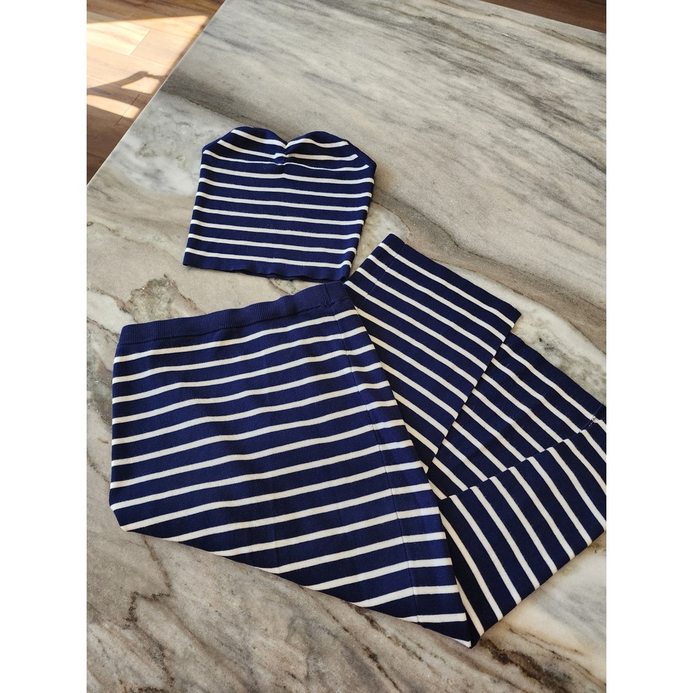 Navy Blue White Striped Knit Tube Top and Maxi Skirt Set Small